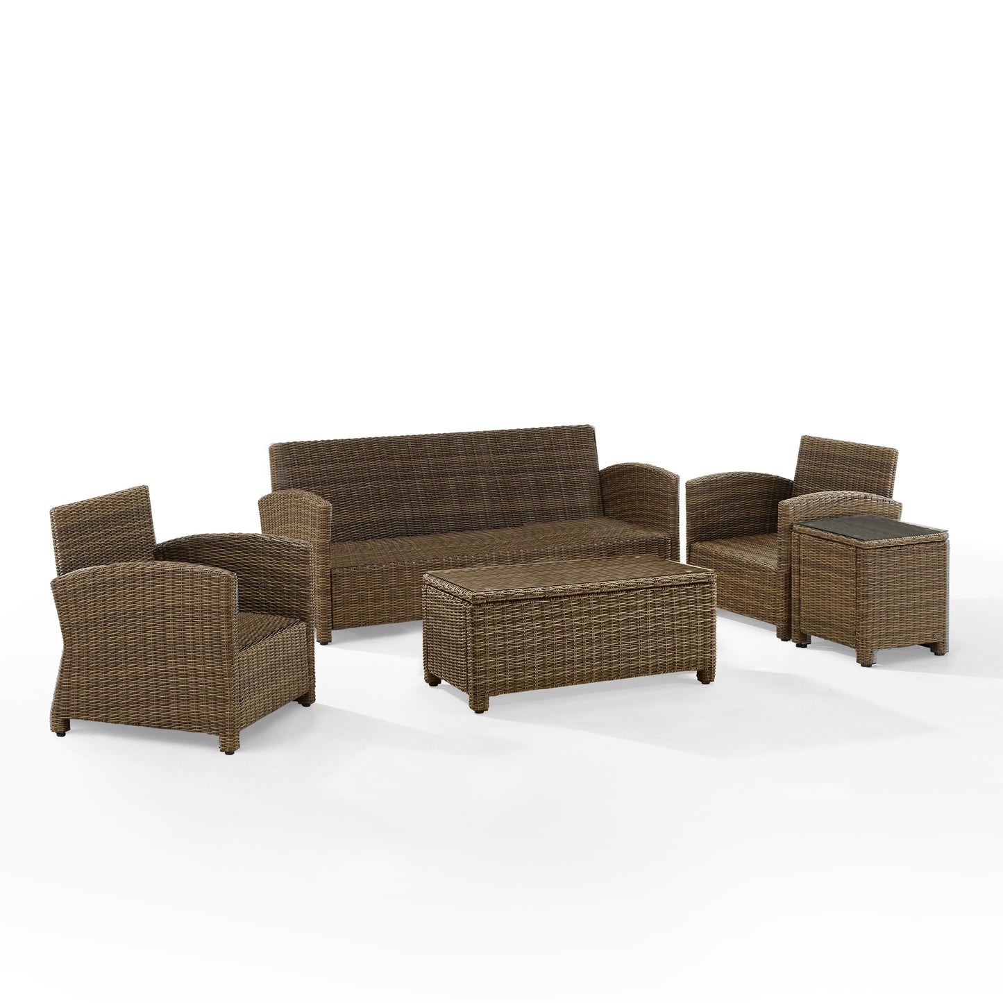 Bradenton 5Pc Outdoor Wicker Sofa Set - Sunbrella White/ Weathered Brown - Sofa, Side Table, Coffee Table, & 2 Armchairs