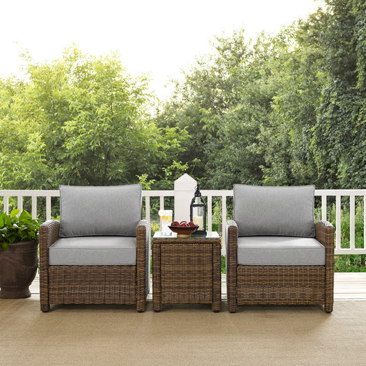 Bradenton 3Pc Outdoor Wicker Armchair Set Gray/Weathered Brown - Side Table & 2 Armchairs