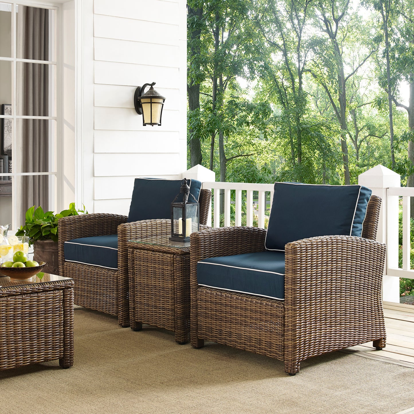 Bradenton 3Pc Outdoor Wicker Armchair Set Navy/Weathered Brown - Side Table & 2 Armchairs