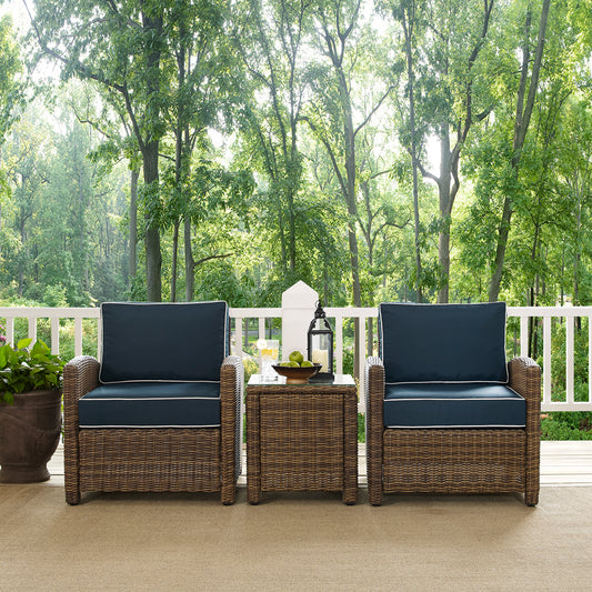 Bradenton 3Pc Outdoor Wicker Armchair Set Navy/Weathered Brown - Side Table & 2 Armchairs