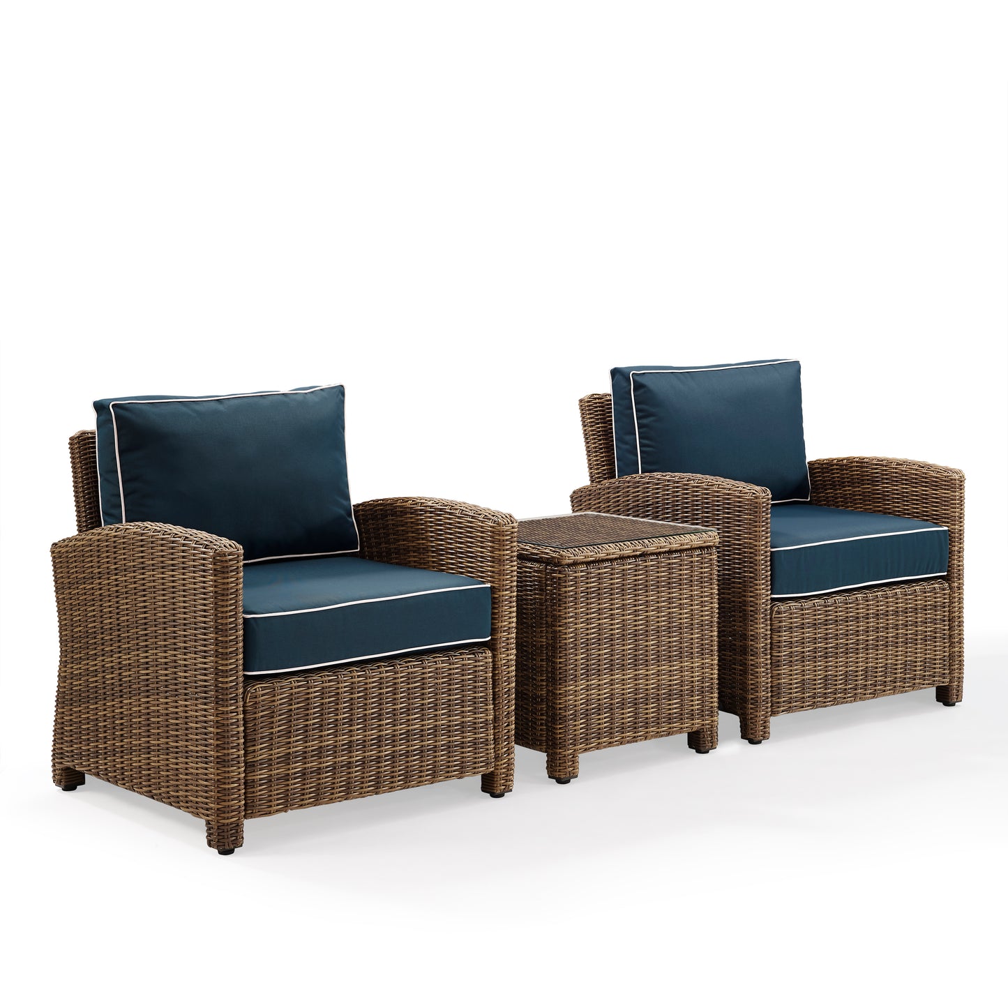 Bradenton 3Pc Outdoor Wicker Armchair Set Navy/Weathered Brown - Side Table & 2 Armchairs