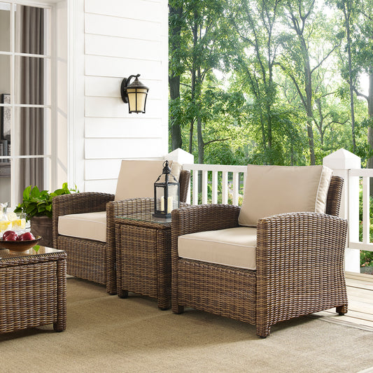 Bradenton 3Pc Outdoor Wicker Armchair Set Sand/Weathered Brown - Side Table & 2 Armchairs