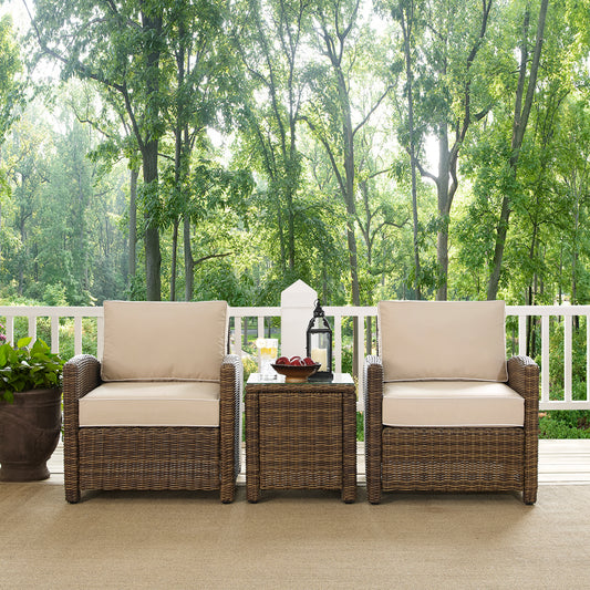 Bradenton 3Pc Outdoor Wicker Armchair Set Sand/Weathered Brown - Side Table & 2 Armchairs