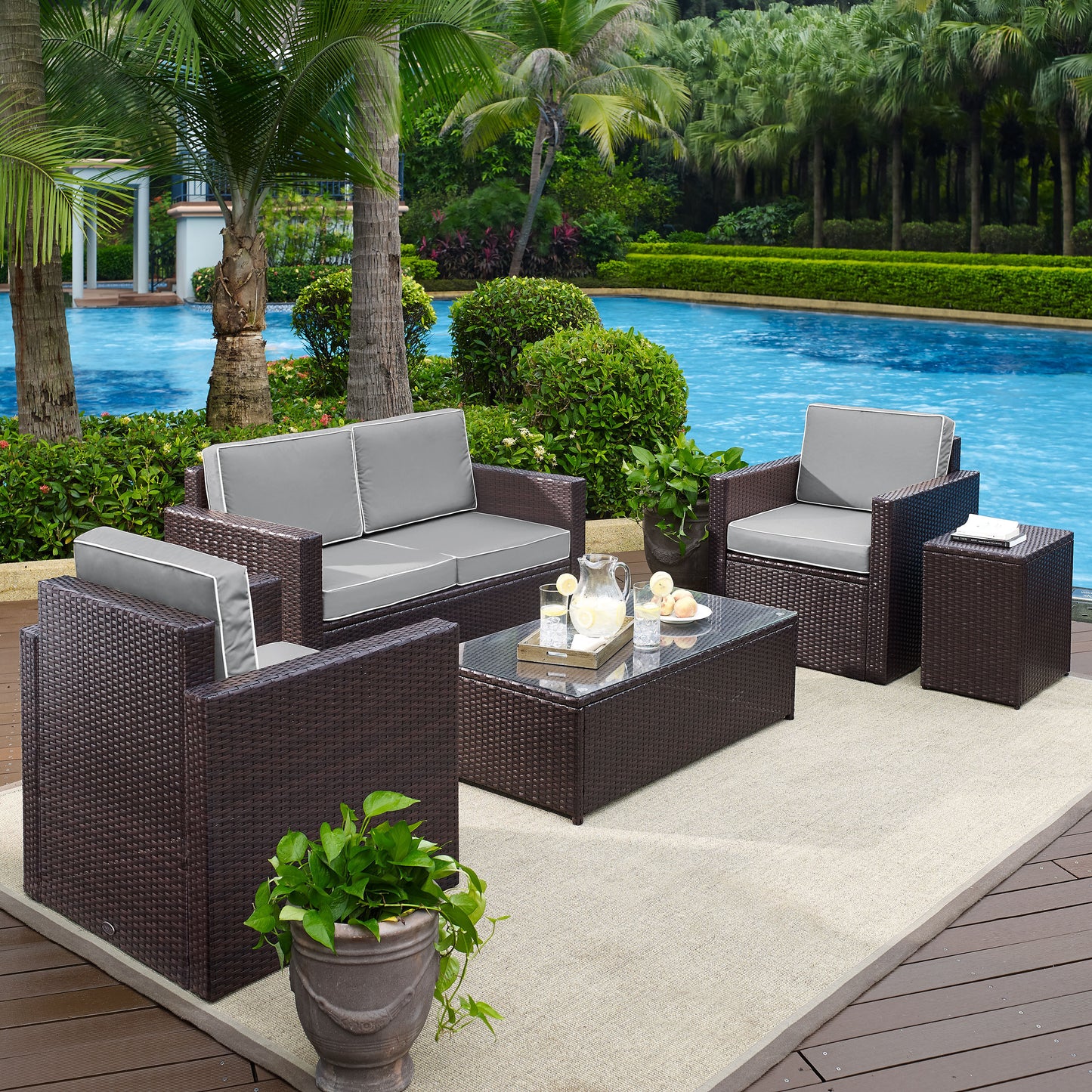 Palm Harbor 5Pc Outdoor Wicker Conversation Set Gray/Brown - Loveseat, Side Table, Coffee Table, & 2 Arm Chairs