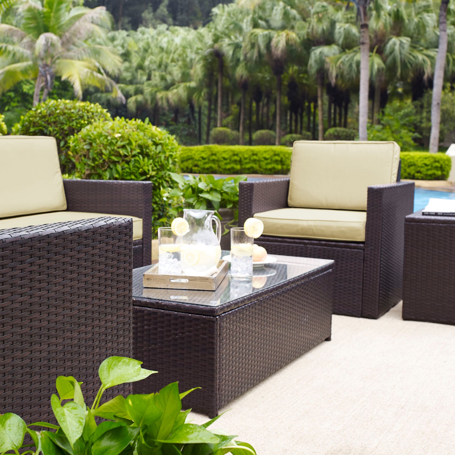 Palm Harbor 5Pc Outdoor Wicker Conversation Set Sand/Brown - Loveseat, Side Table, Coffee Table, & 2 Arm Chairs