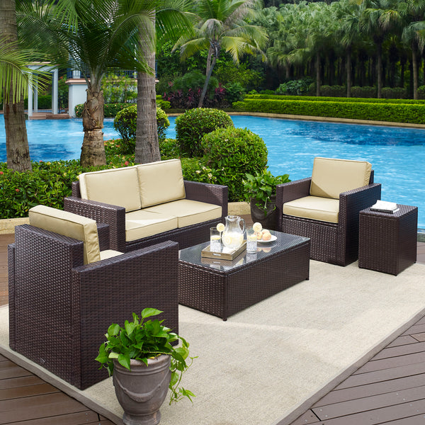 Palm Harbor 5Pc Outdoor Wicker Conversation Set Sand/Brown - Loveseat, Side Table, Coffee Table, & 2 Arm Chairs