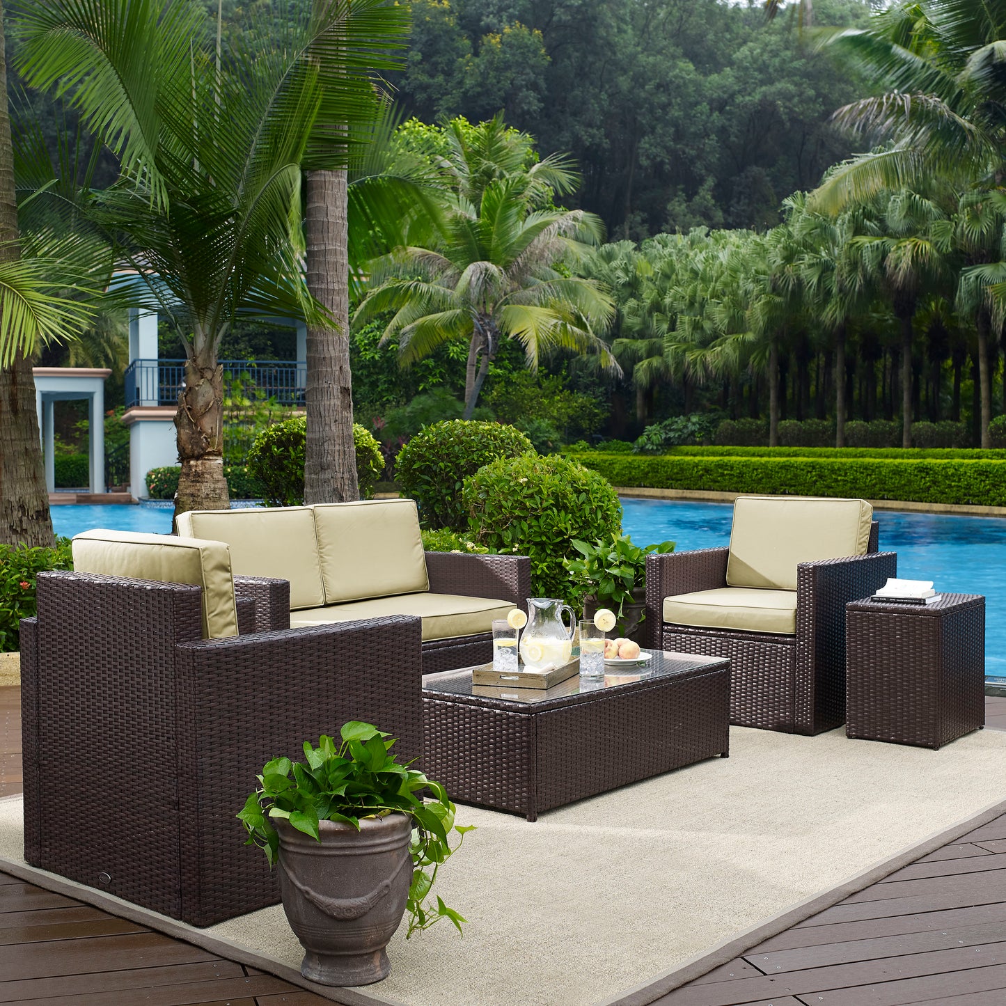 Palm Harbor 5Pc Outdoor Wicker Conversation Set Sand/Brown - Loveseat, Side Table, Coffee Table, & 2 Arm Chairs