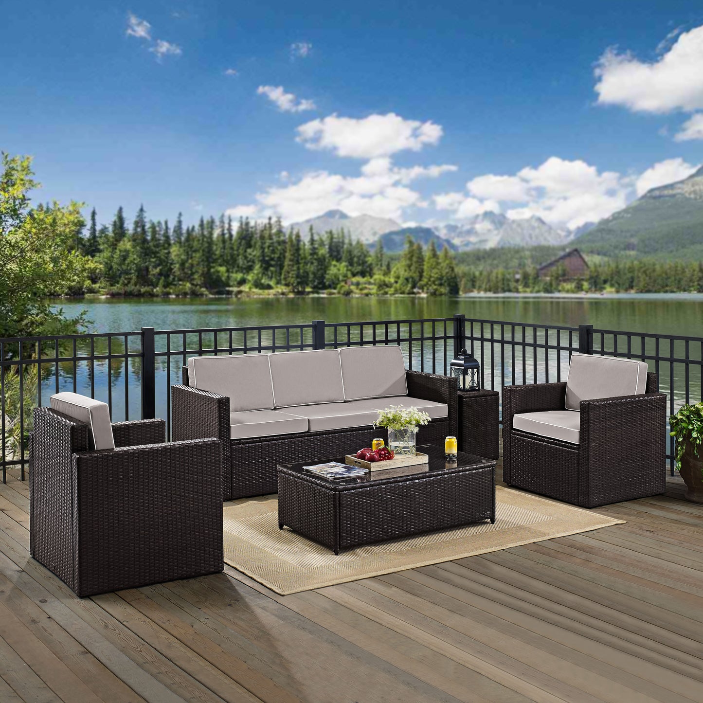 Palm Harbor 5Pc Outdoor Wicker Sofa Set Gray/Brown - Sofa, Side Table, Coffee Table, & 2 Armchairs