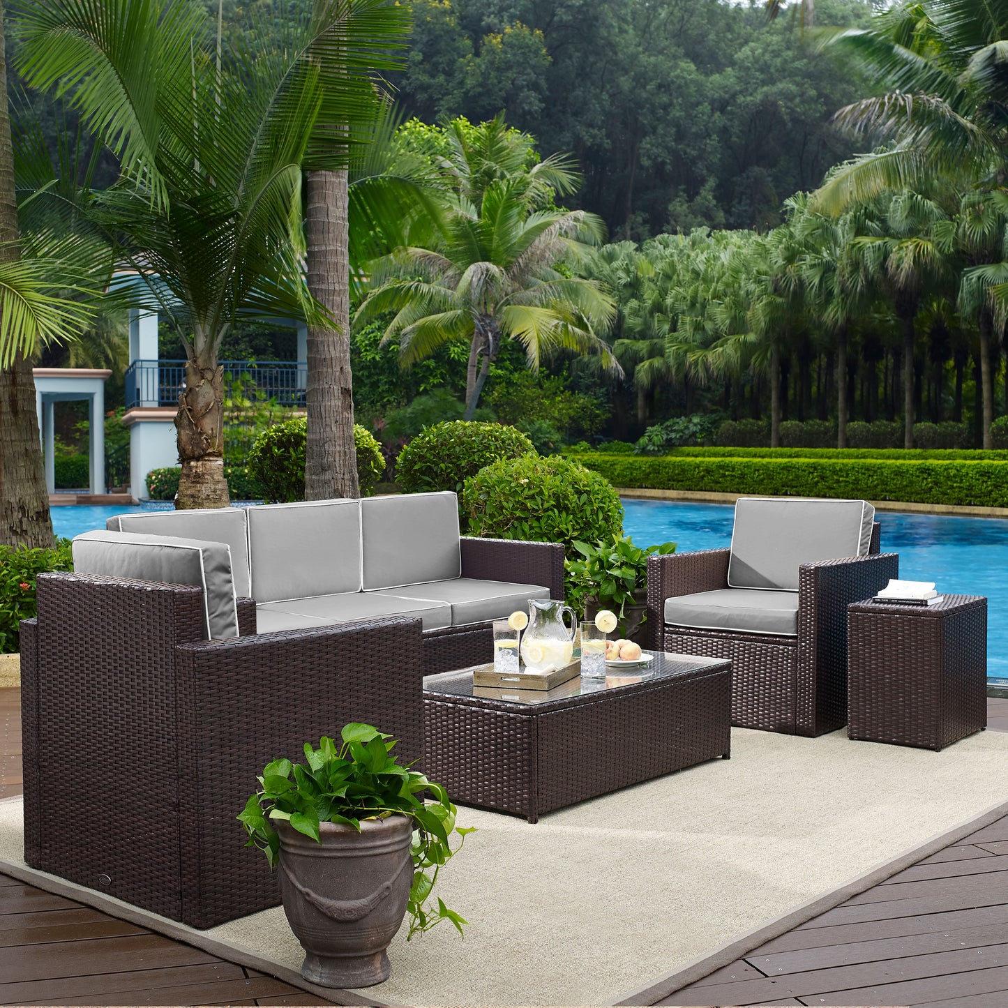 Palm Harbor 5Pc Outdoor Wicker Sofa Set Gray/Brown - Sofa, Side Table, Coffee Table, & 2 Armchairs