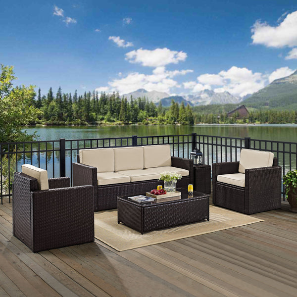 Palm Harbor 5Pc Outdoor Wicker Sofa Set Sand/Brown - Sofa, Side Table, Coffee Table, & 2 Armchairs