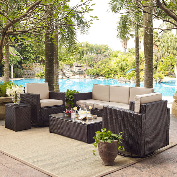 Palm Harbor 5Pc Outdoor Wicker Sofa Set Sand/Brown - Sofa, Side Table, Coffee Table, & 2 Swivel Chairs