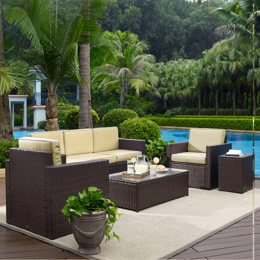 Palm Harbor 5Pc Outdoor Wicker Sofa Set Sand/Brown - Sofa, Side Table, Coffee Table, & 2 Swivel Chairs