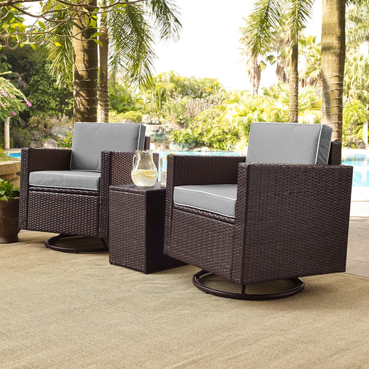 Palm Harbor 3Pc Outdoor Wicker Swivel Chair Set Gray/Brown - Side Table & 2 Swivel Chairs