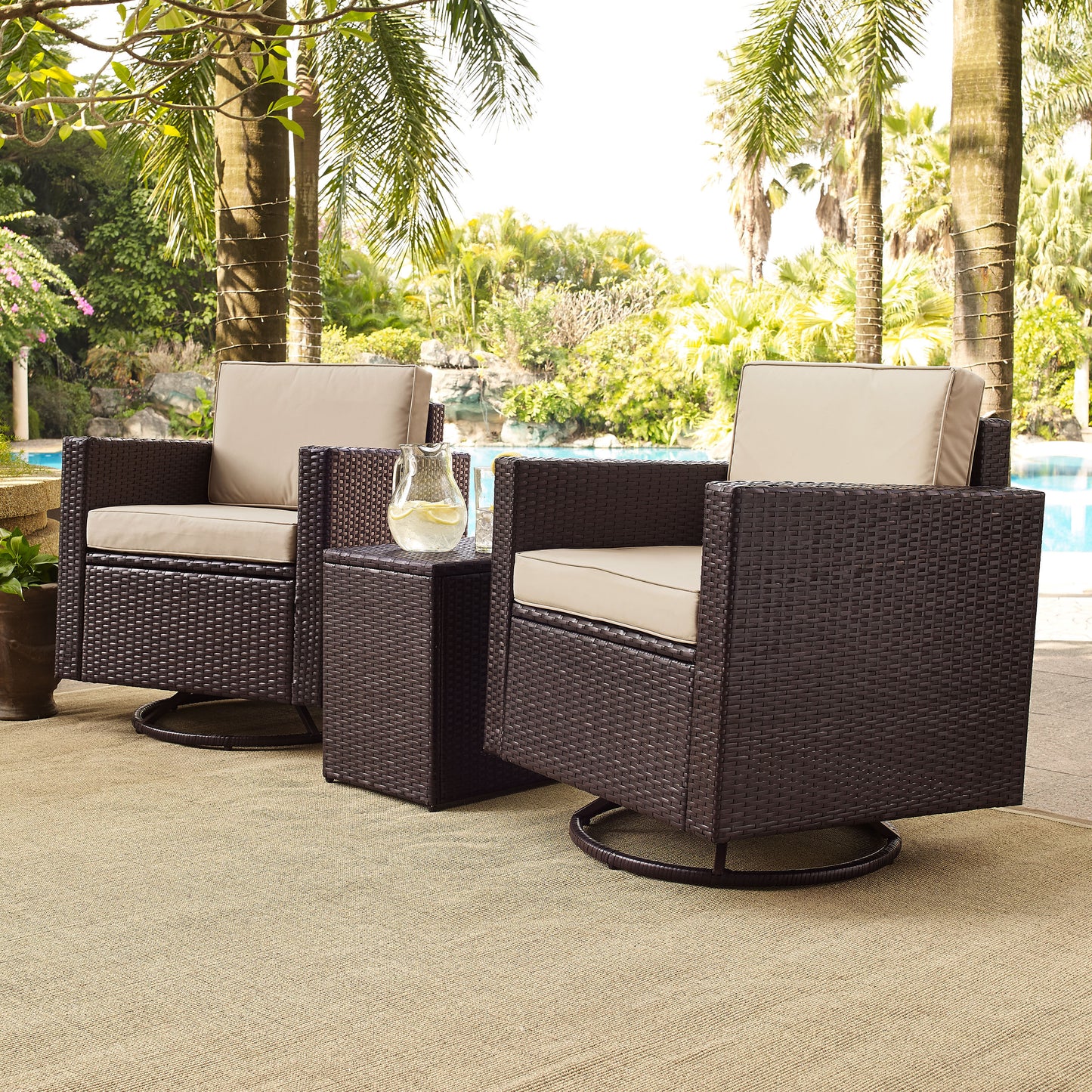 Palm Harbor 3Pc Outdoor Wicker Swivel Chair Set Sand/Brown - Side Table & 2 Swivel Chairs