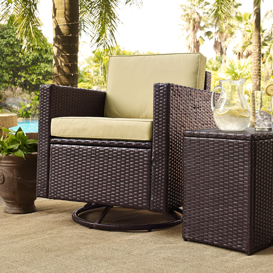 Palm Harbor 3Pc Outdoor Wicker Swivel Chair Set Sand/Brown - Side Table & 2 Swivel Chairs