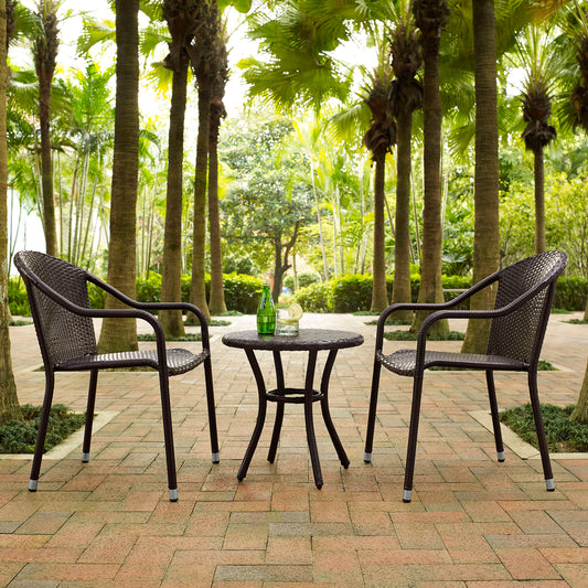 Palm Harbor 3Pc Outdoor Wicker Chair Set Brown - Round Side Table & 2 Stackable Chairs