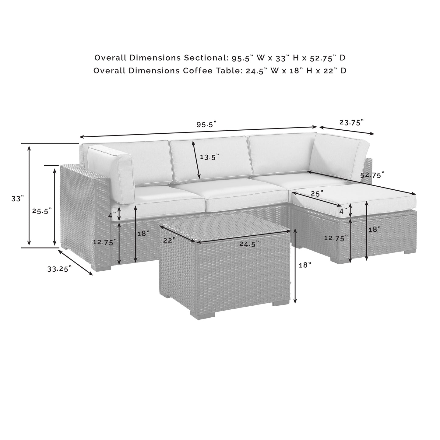 Biscayne 4Pc Outdoor Wicker Sectional Set Mist/Brown - Loveseat, Corner Chair, Ottoman, & Coffee Table