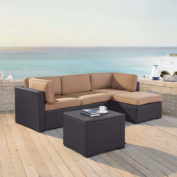 Biscayne 4Pc Outdoor Wicker Sectional Set Mocha/Brown - Loveseat, Corner Chair, Ottoman, & Coffee Table