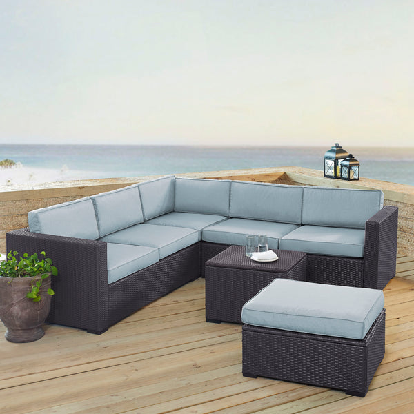 Biscayne 5Pc Outdoor Wicker Sectional Set Mist/Brown - Corner Chair, Coffee Table, Ottoman, & 2 Loveseats