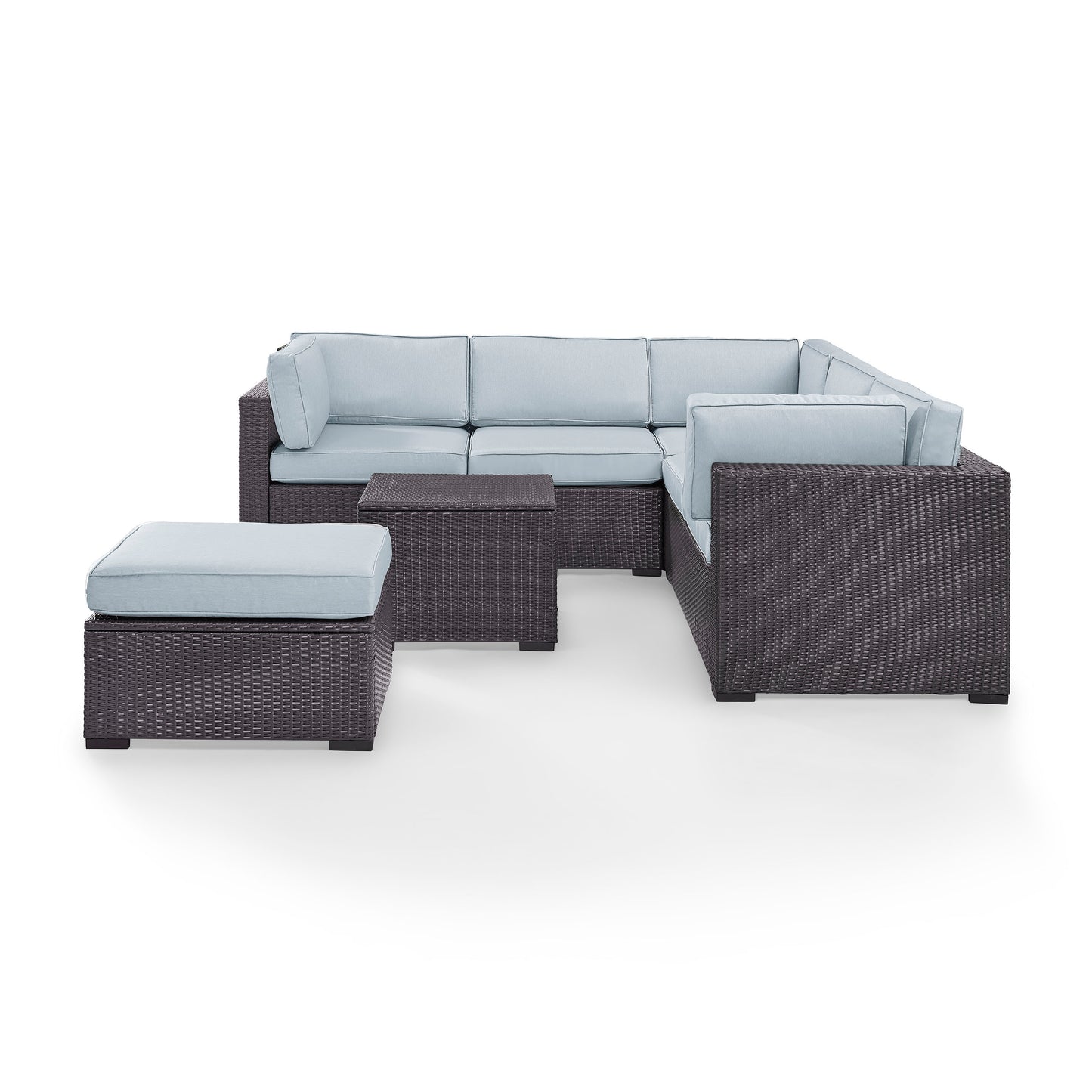 Biscayne 5Pc Outdoor Wicker Sectional Set Mist/Brown - Corner Chair, Coffee Table, Ottoman, & 2 Loveseats