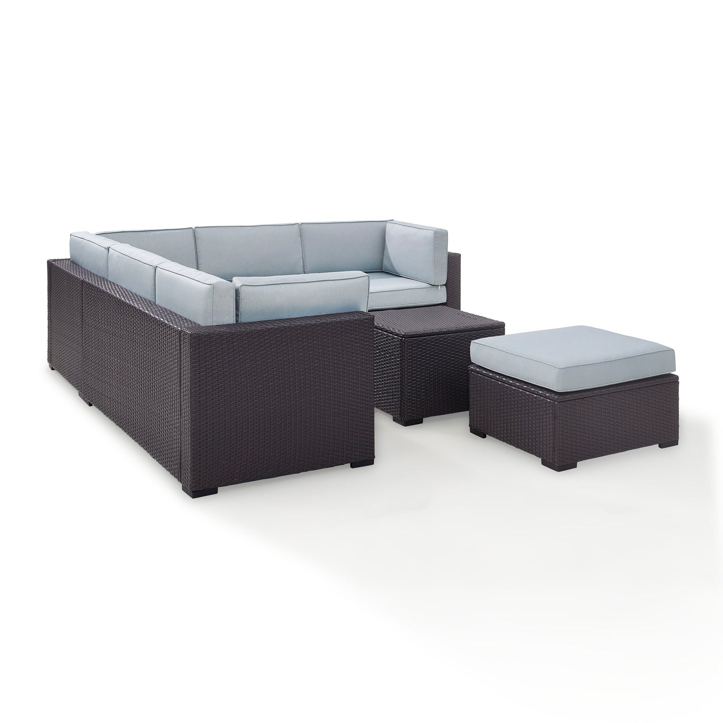 Biscayne 5Pc Outdoor Wicker Sectional Set Mist/Brown - Corner Chair, Coffee Table, Ottoman, & 2 Loveseats