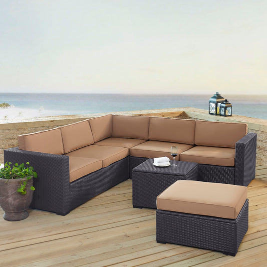 Biscayne 5Pc Outdoor Wicker Sectional Set Mocha/Brown - Corner Chair, Coffee Table, Ottoman, & 2 Loveseats