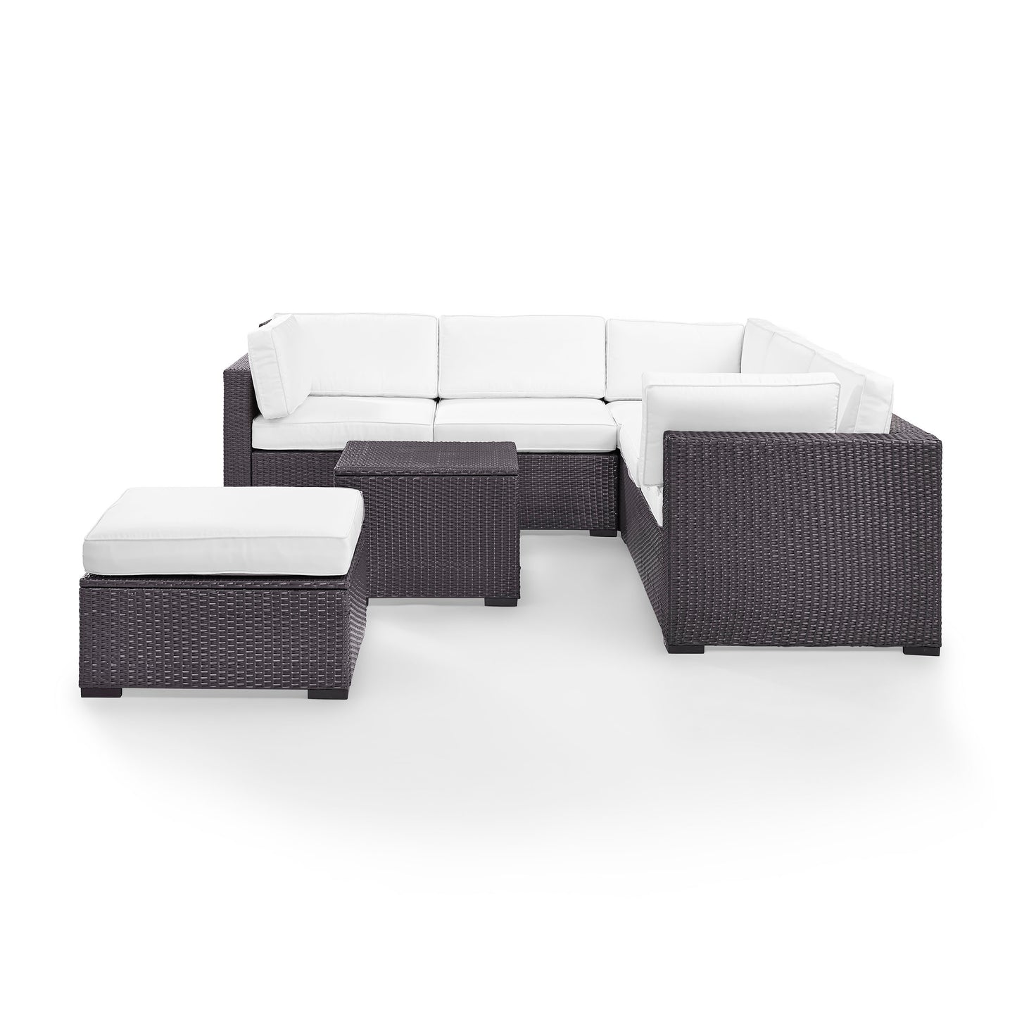 Biscayne 5Pc Outdoor Wicker Sectional Set White/Brown - Corner Chair, Coffee Table, Ottoman, & 2 Loveseats