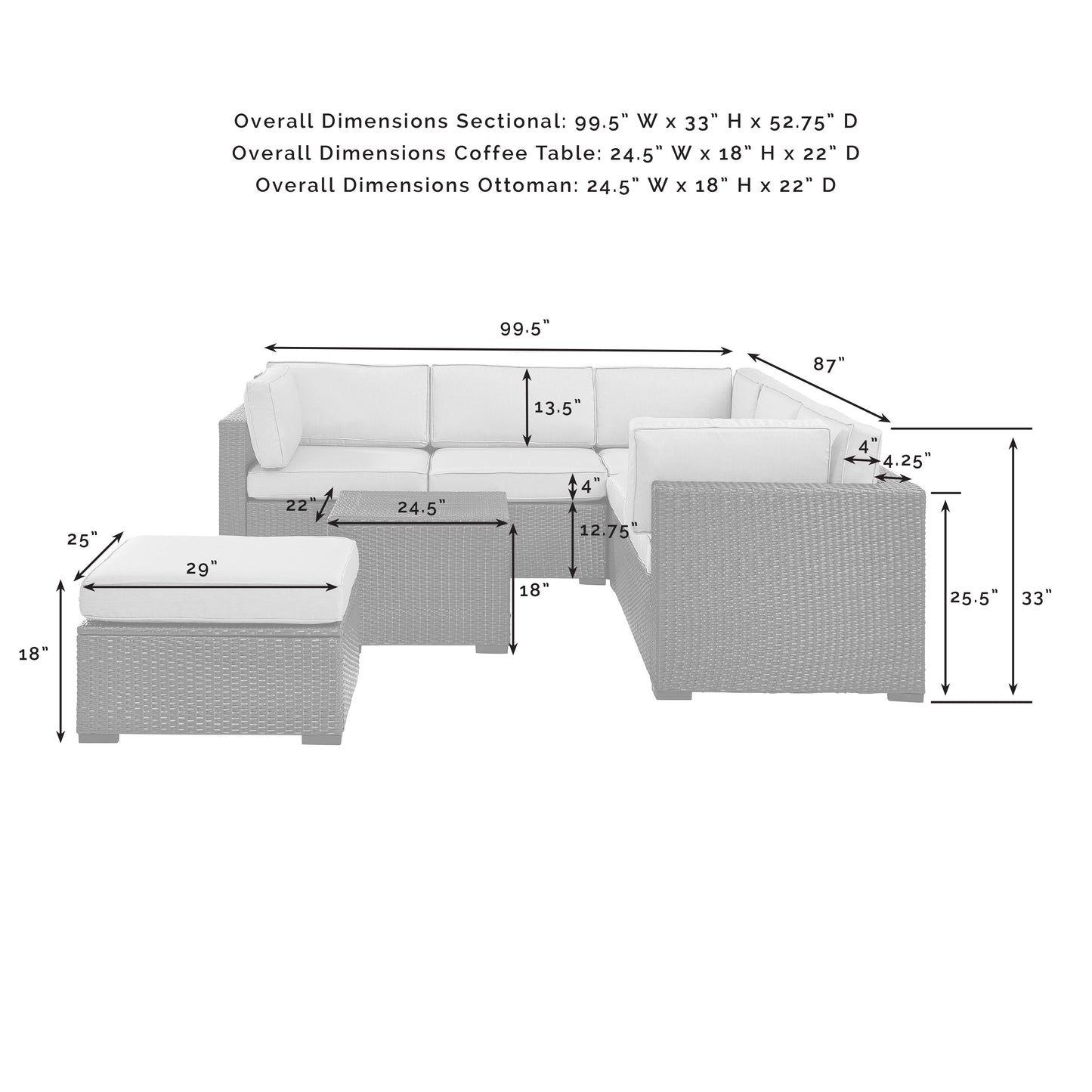 Biscayne 5Pc Outdoor Wicker Sectional Set White/Brown - Corner Chair, Coffee Table, Ottoman, & 2 Loveseats