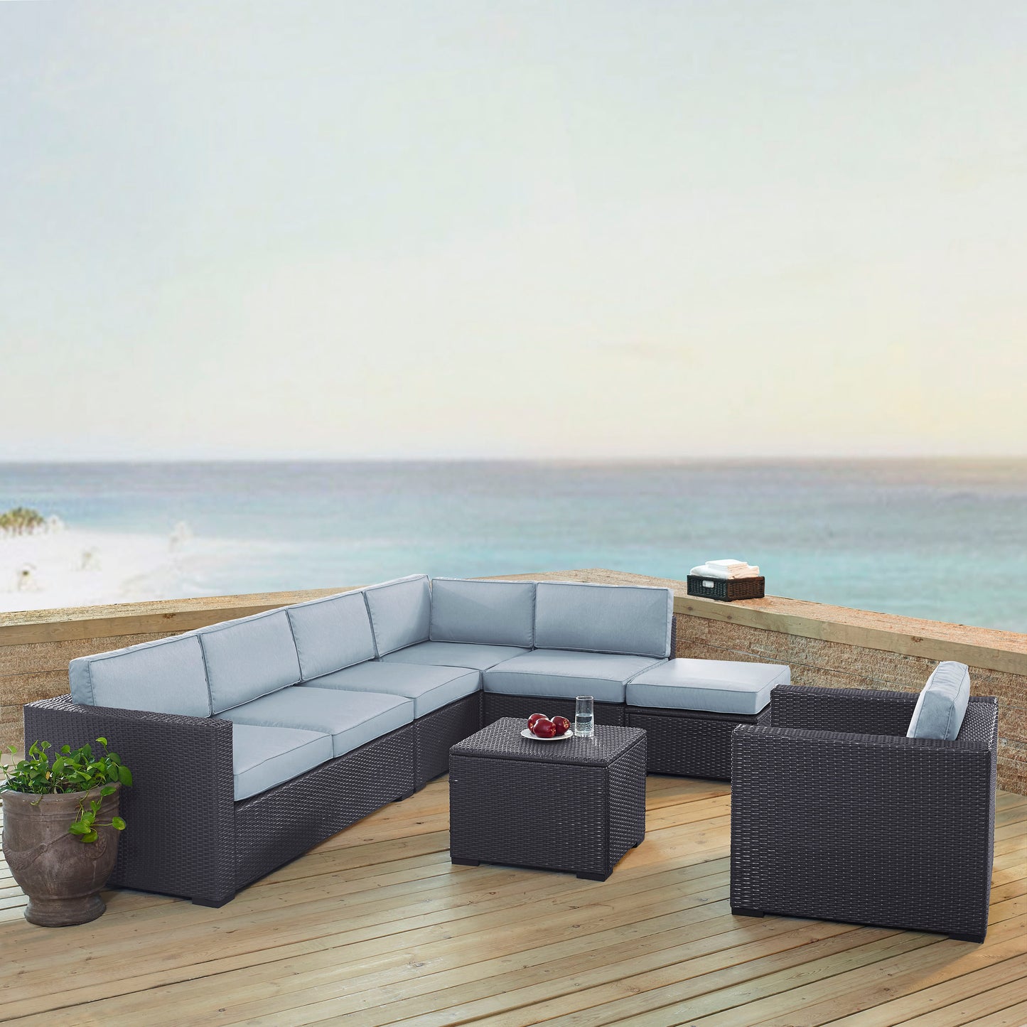 Biscayne 6Pc Outdoor Wicker Sectional Set Mist/Brown - Armless Chair, Arm Chair, Coffee Table, Ottoman, & 2 Loveseats