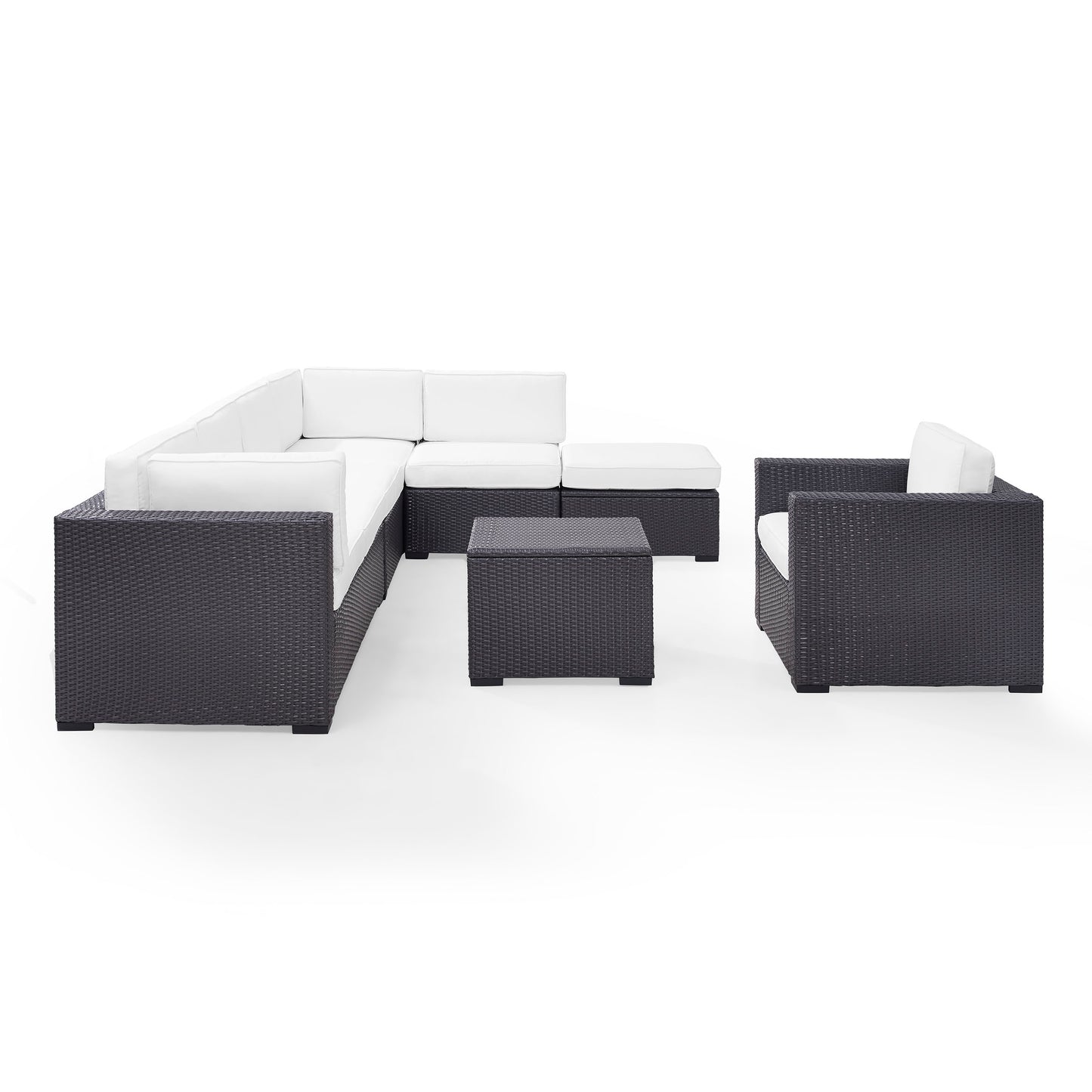 Biscayne 6Pc Outdoor Wicker Sectional Set White/Brown - Armless Chair, Arm Chair, Coffee Table, Ottoman, & 2 Loveseats