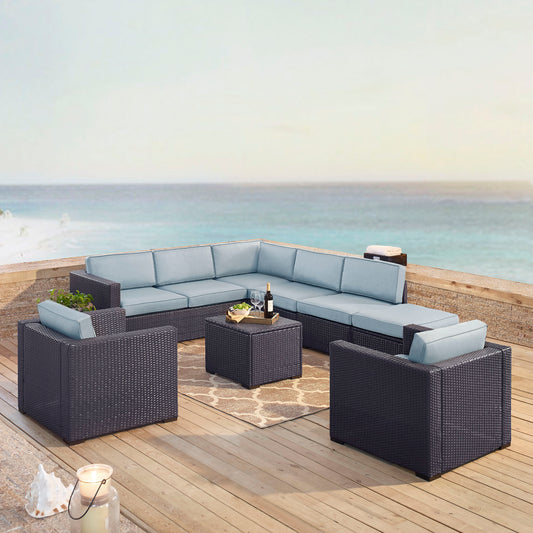 Biscayne 7Pc Outdoor Wicker Sectional Set Mist/Brown - Armless Chair, Coffee Table, Ottoman, 2 Loveseats, & 2 Arm Chairs