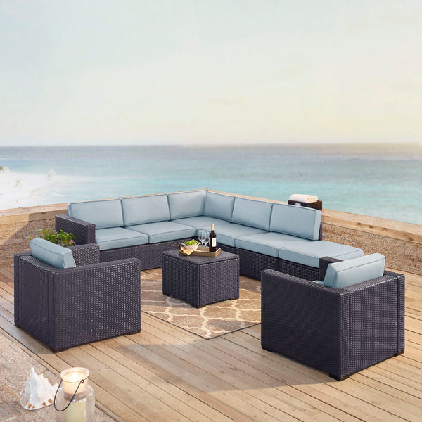 Biscayne 7Pc Outdoor Wicker Sectional Set Mist/Brown - Armless Chair, Coffee Table, Ottoman, 2 Loveseats, & 2 Arm Chairs