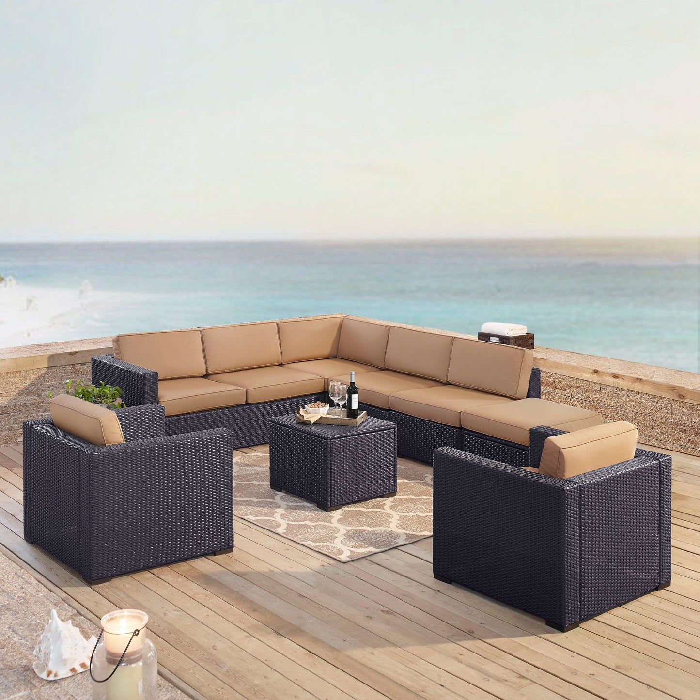 Biscayne 7Pc Outdoor Wicker Sectional Set Mocha/Brown - Armless Chair, Coffee Table, Ottoman, 2 Loveseats, & 2 Arm Chairs