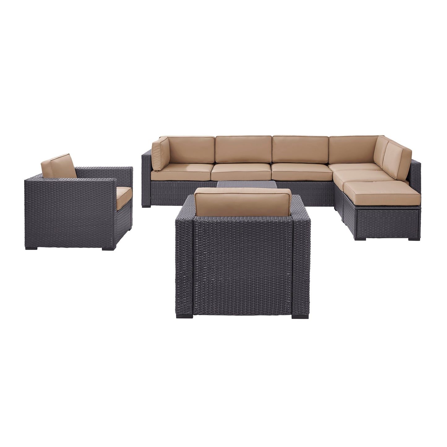 Biscayne 7Pc Outdoor Wicker Sectional Set Mocha/Brown - Armless Chair, Coffee Table, Ottoman, 2 Loveseats, & 2 Arm Chairs