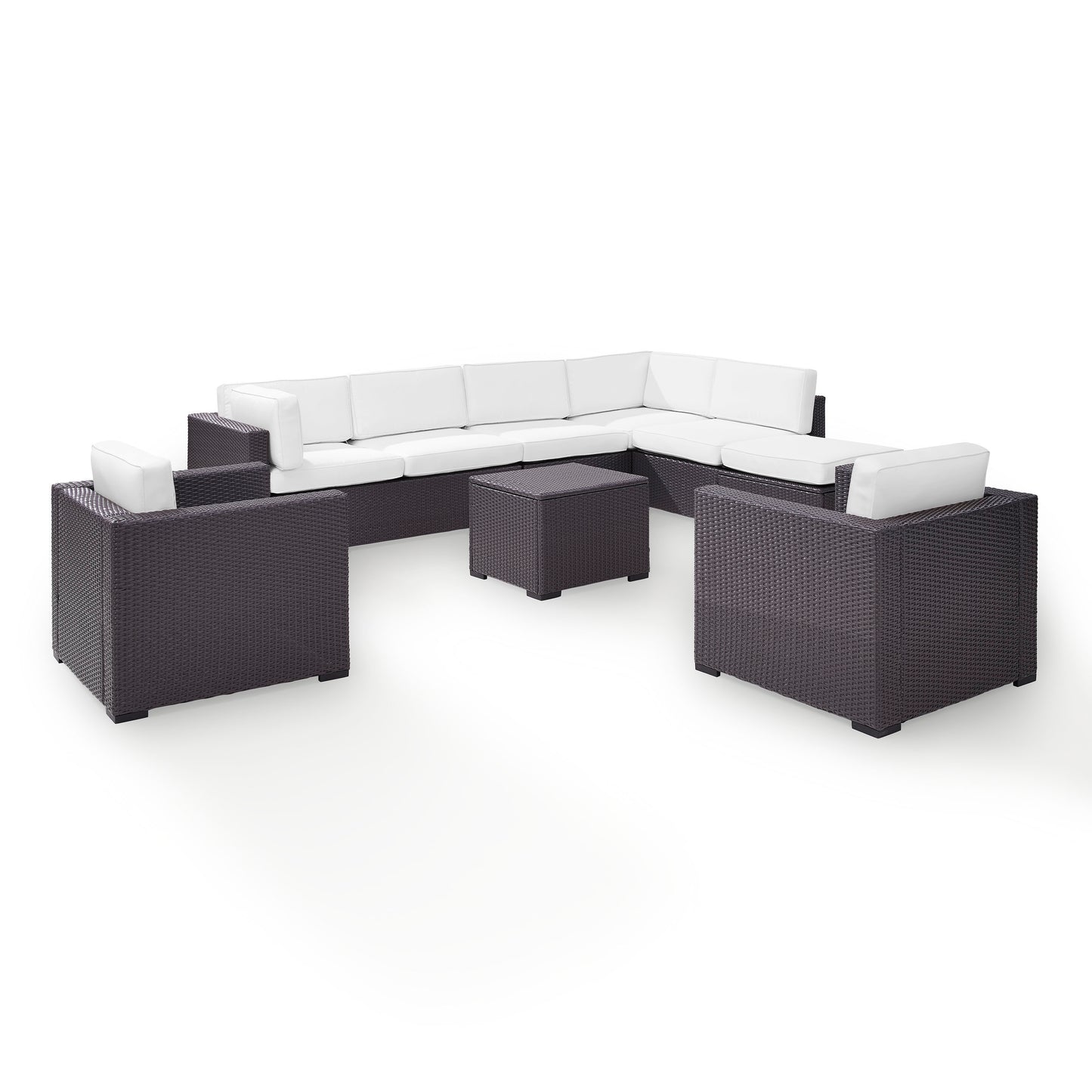 Biscayne 7Pc Outdoor Wicker Sectional Set White/Brown - Armless Chair, Coffee Table, Ottoman, 2 Loveseats, & 2 Arm Chairs