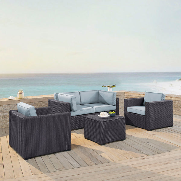 Biscayne 5Pc Outdoor Wicker Conversation Set Mist/Brown - Coffee Table, 2 Armchairs, & 2 Corner Chairs