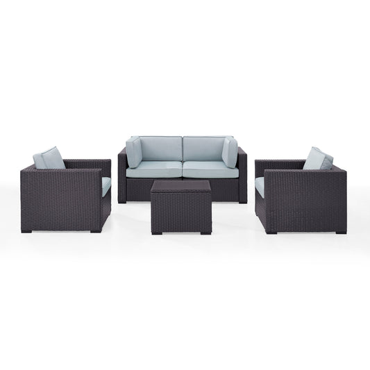 Biscayne 5Pc Outdoor Wicker Conversation Set Mist/Brown - Coffee Table, 2 Armchairs, & 2 Corner Chairs