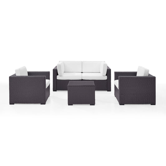 Biscayne 5Pc Outdoor Wicker Conversation Set White/Brown - Coffee Table, 2 Armchairs, & 2 Corner Chairs