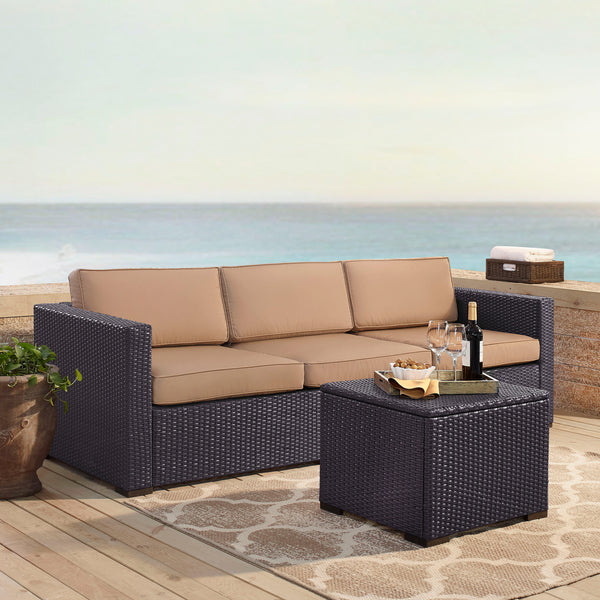 Biscayne 3Pc Outdoor Wicker Sofa Set Mocha/Brown - Loveseat, Corner Chair, & Coffee Table