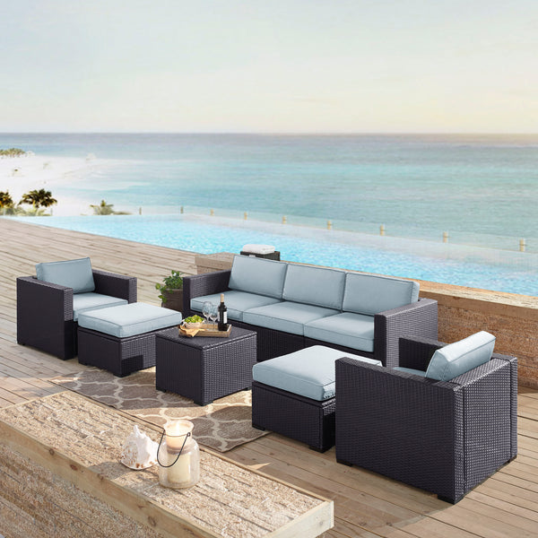 Biscayne 7Pc Outdoor Wicker Sectional Set Mist/Brown - Loveseat, Corner Chair, Coffee Table, 2 Arm Chairs, & 2 Ottomans