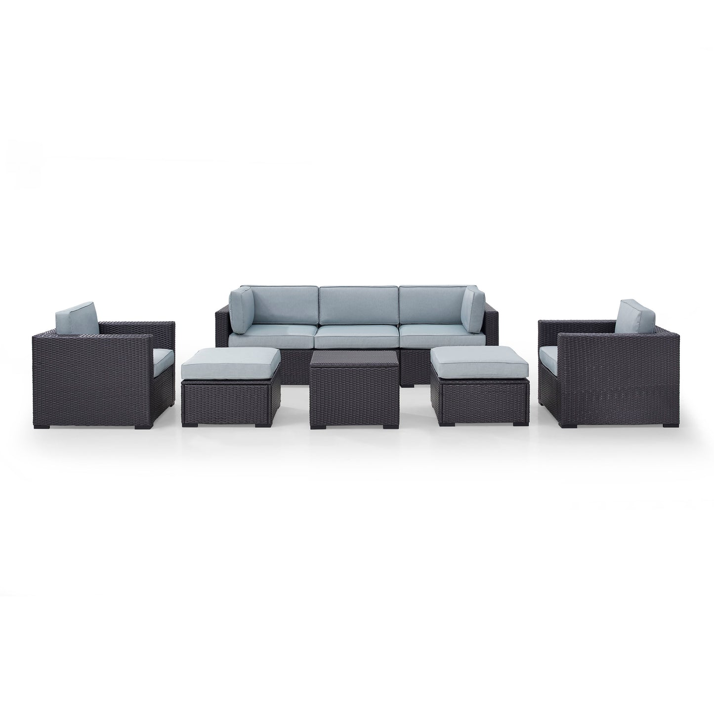 Biscayne 7Pc Outdoor Wicker Sectional Set Mist/Brown - Loveseat, Corner Chair, Coffee Table, 2 Arm Chairs, & 2 Ottomans