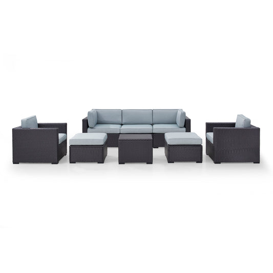 Biscayne 7Pc Outdoor Wicker Sectional Set Mist/Brown - Loveseat, Corner Chair, Coffee Table, 2 Arm Chairs, & 2 Ottomans