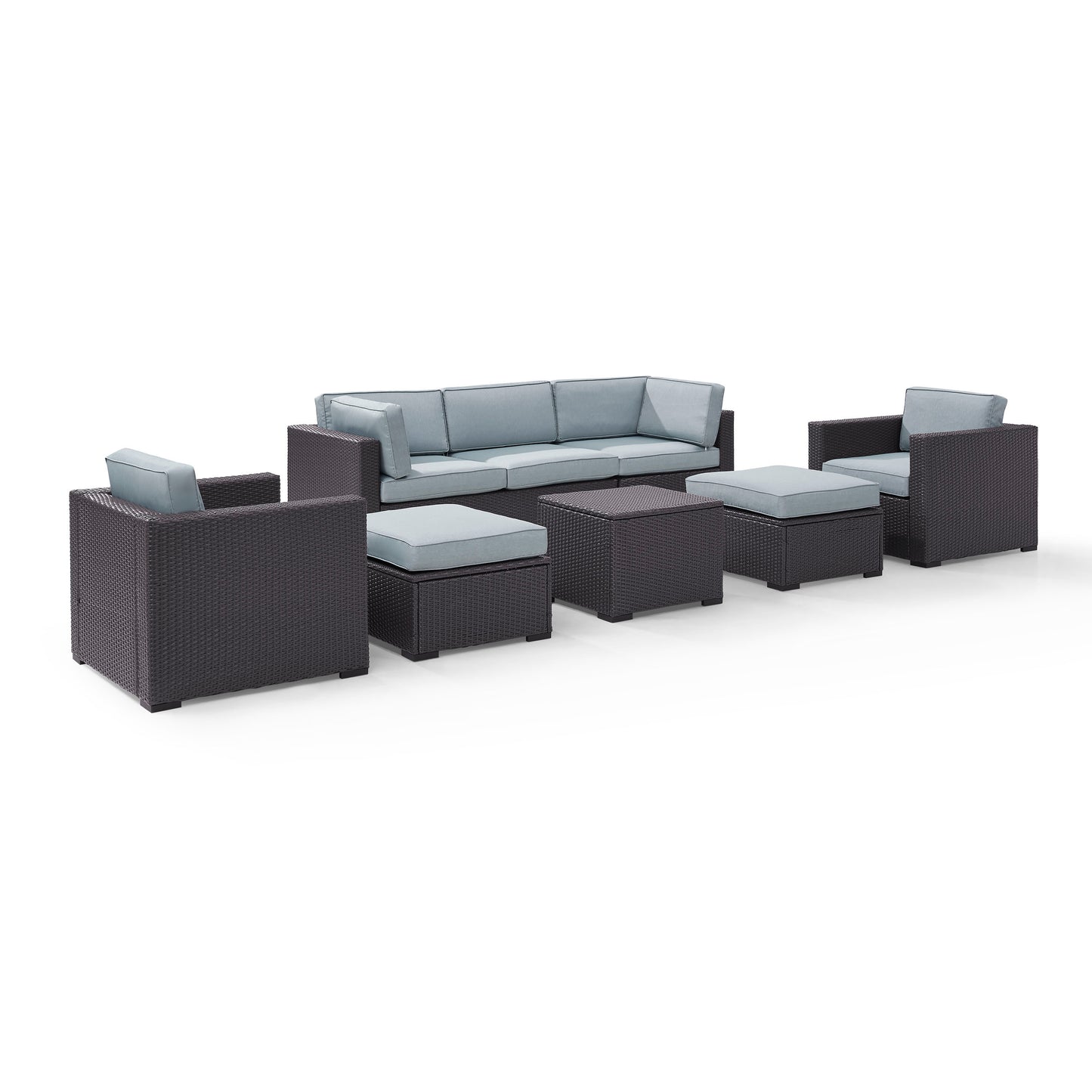 Biscayne 7Pc Outdoor Wicker Sectional Set Mist/Brown - Loveseat, Corner Chair, Coffee Table, 2 Arm Chairs, & 2 Ottomans