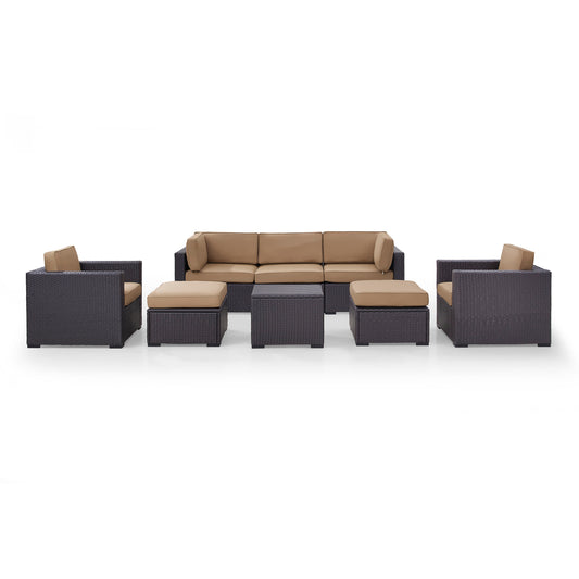 Biscayne 7Pc Outdoor Wicker Sectional Set Mocha/Brown - Loveseat, Corner Chair, Coffee Table, 2 Arm Chairs, & 2 Ottomans