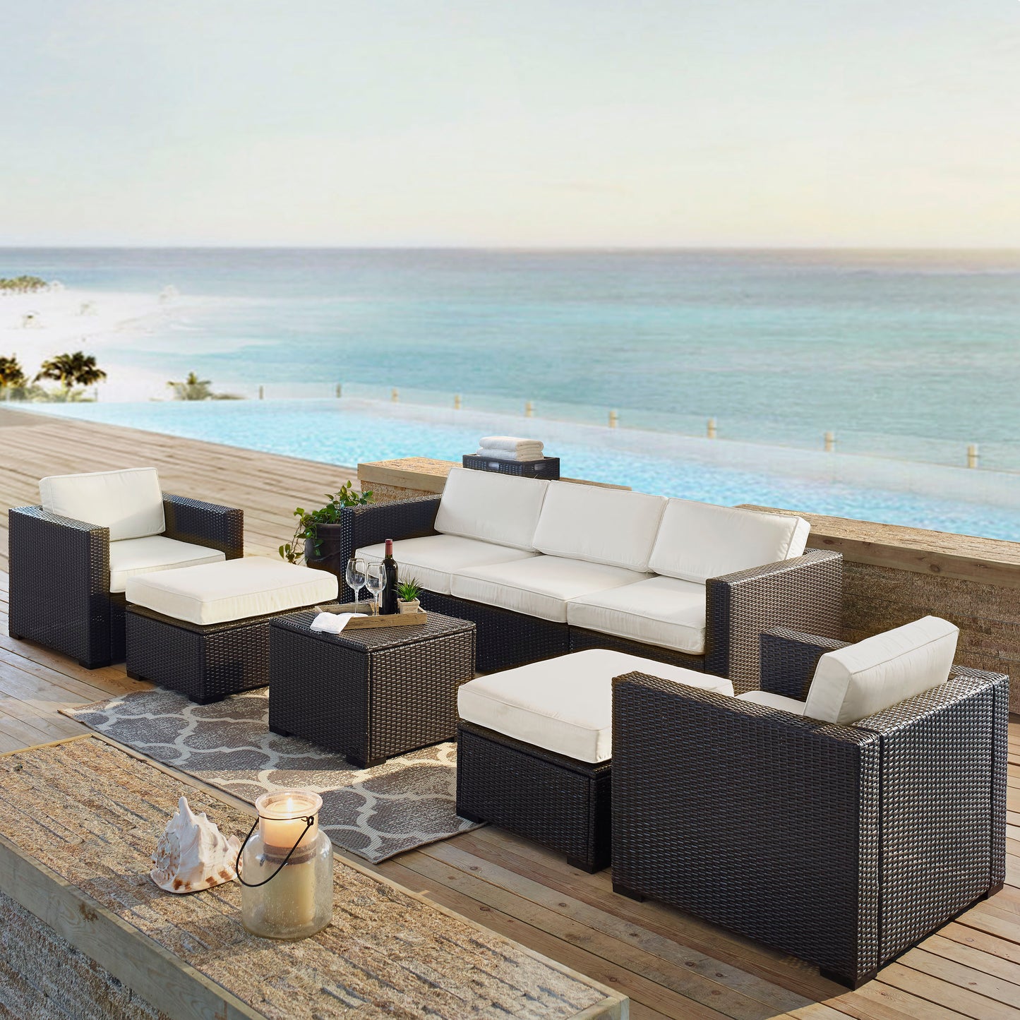 Biscayne 7Pc Outdoor Wicker Sectional Set White/Brown - Loveseat, Corner Chair, Coffee Table, 2 Arm Chairs, & 2 Ottomans