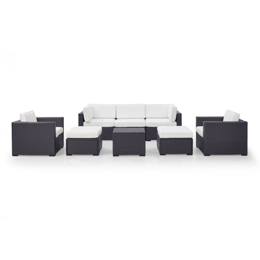 Biscayne 7Pc Outdoor Wicker Sectional Set White/Brown - Loveseat, Corner Chair, Coffee Table, 2 Arm Chairs, & 2 Ottomans