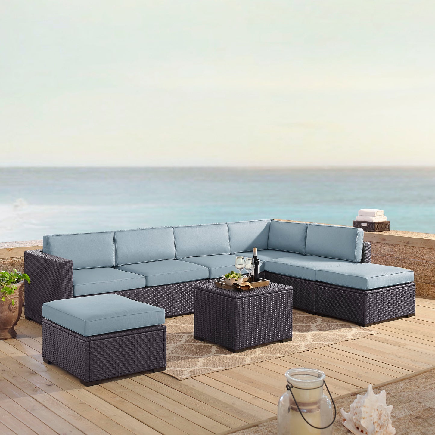 Biscayne 6Pc Outdoor Wicker Sectional Set Mist/Brown - Armless Chair, Coffee Table, 2 Loveseats, & 2 Ottomans