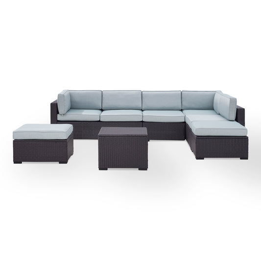 Biscayne 6Pc Outdoor Wicker Sectional Set Mist/Brown - Armless Chair, Coffee Table, 2 Loveseats, & 2 Ottomans