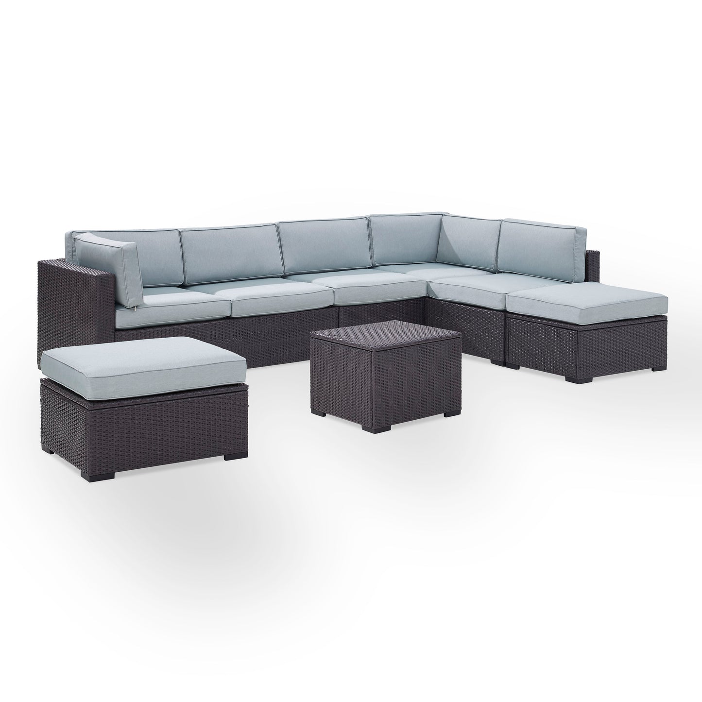 Biscayne 6Pc Outdoor Wicker Sectional Set Mist/Brown - Armless Chair, Coffee Table, 2 Loveseats, & 2 Ottomans