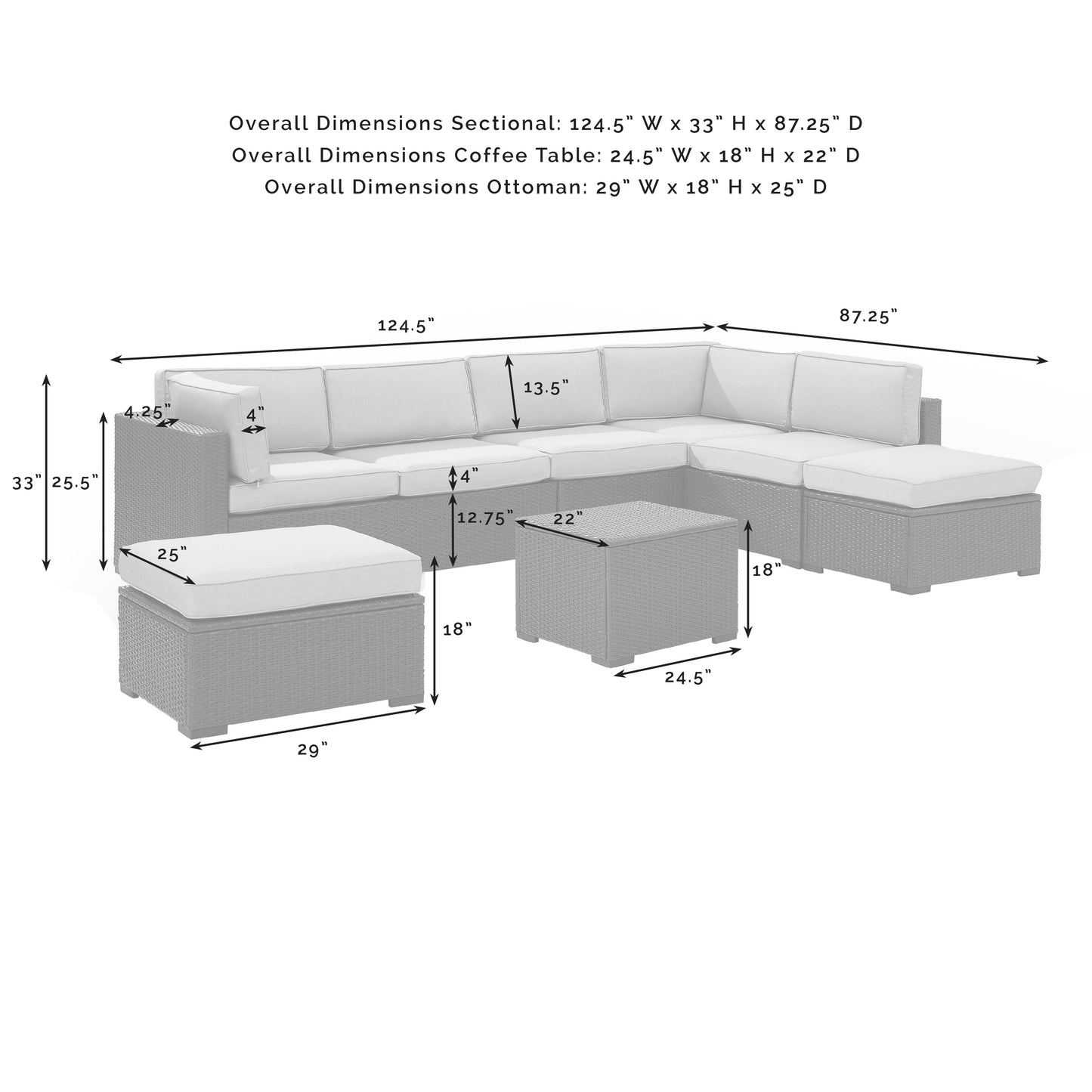 Biscayne 6Pc Outdoor Wicker Sectional Set Mist/Brown - Armless Chair, Coffee Table, 2 Loveseats, & 2 Ottomans